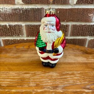 Vintage Christmas Large Ornament 7” Santa Clause With Green Tree & Gold Bag